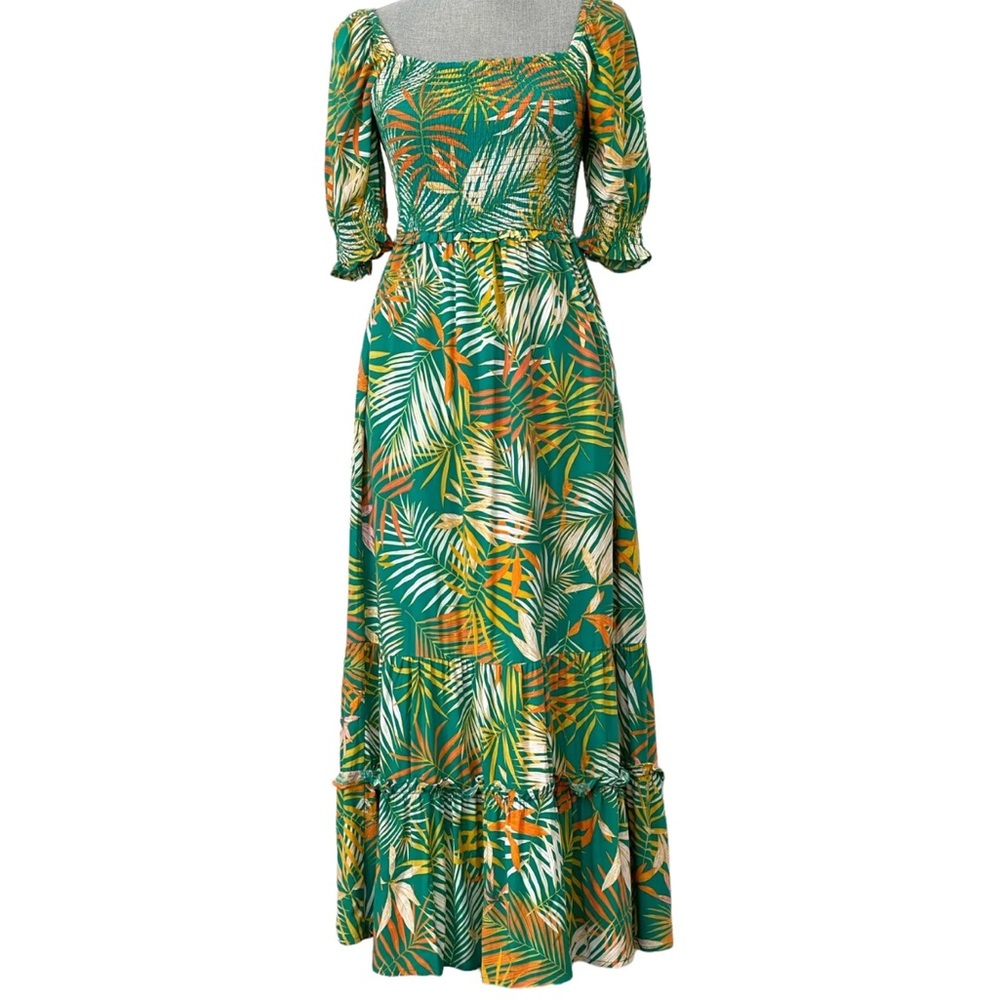 Betsy Johnson smocked teal palm print maxi dress size L - Picture 3 of 7